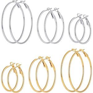 Women 6 Pairs Stainless Steel gold silver Plated Hoop Earrings